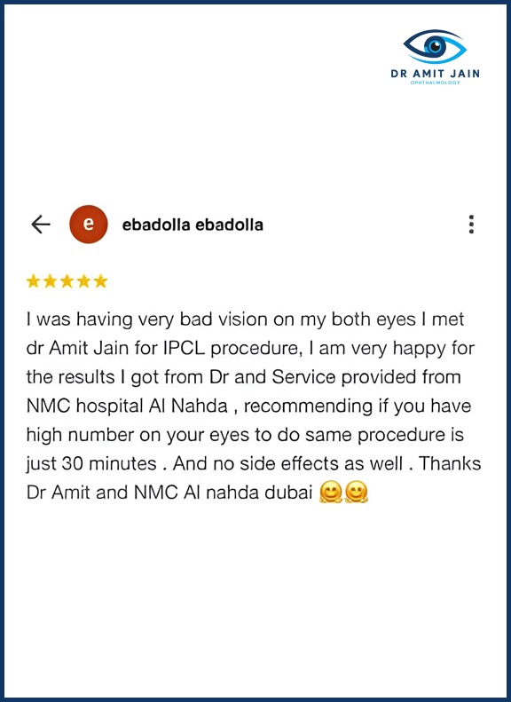 Patient positive review for Dr. Amit Jain best ophthalmologist in Dubai