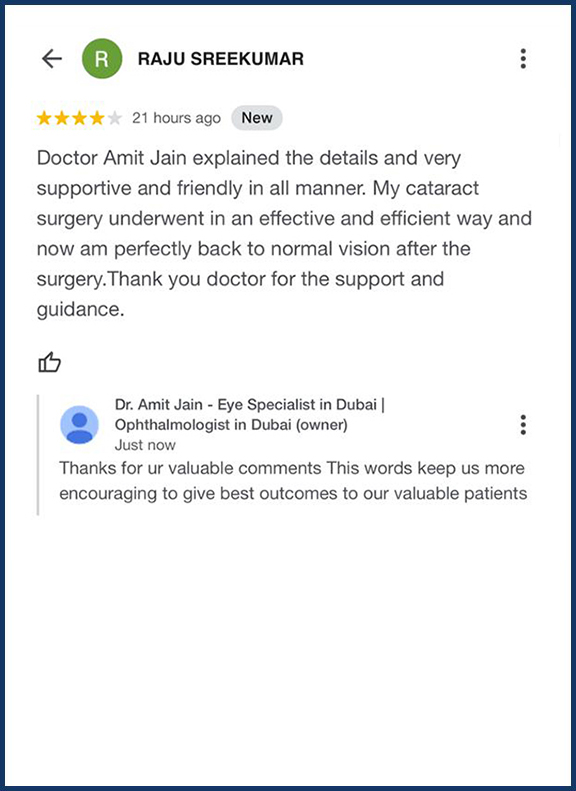 Patient positive review for Dr. Amit Jain eye specialist Dubai