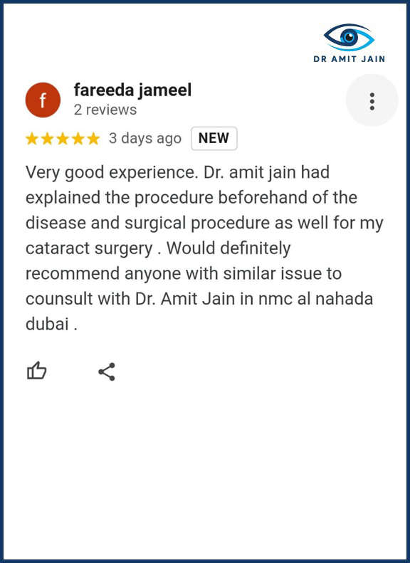 Patient positive review for Dr. Amit Jain best ophthalmologist in Dubai